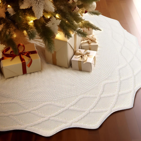 WBHome front view of white cable knit tree skirt showing full coverage