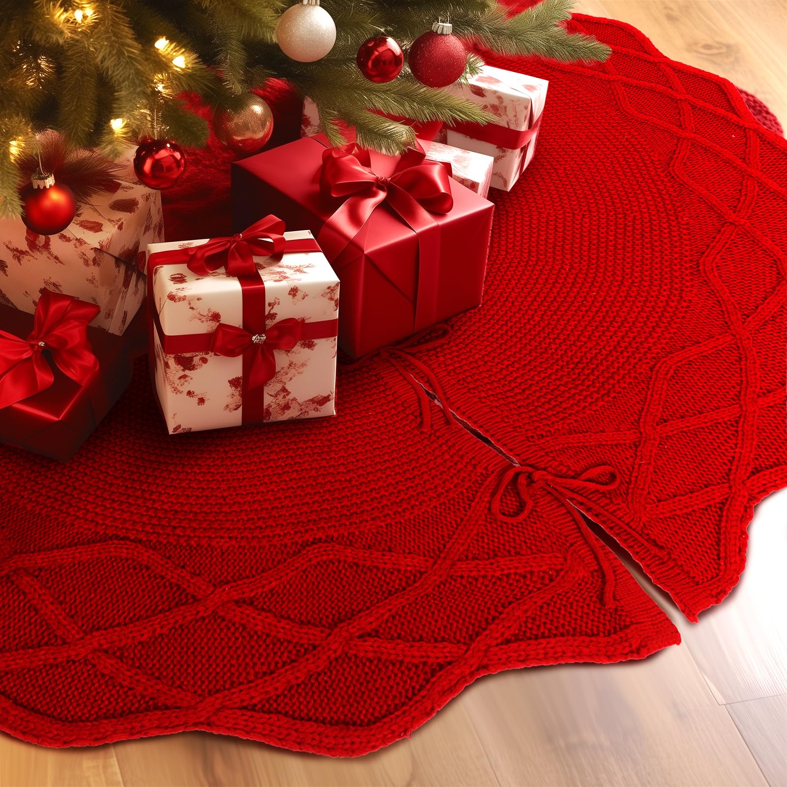 WBHome front view of red cable knit tree skirt showing full coverage and neat finish