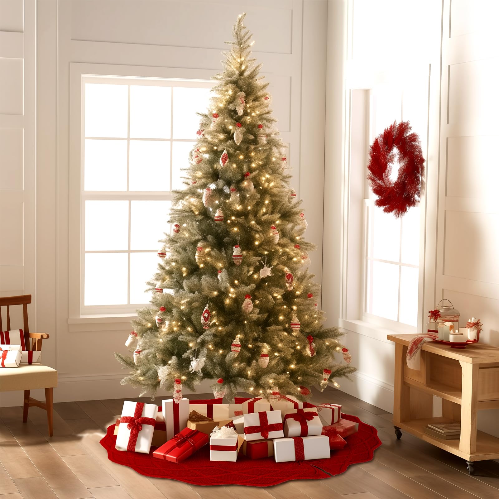 WBHome tree skirt under tree with presents demonstrating coverage and decorative base