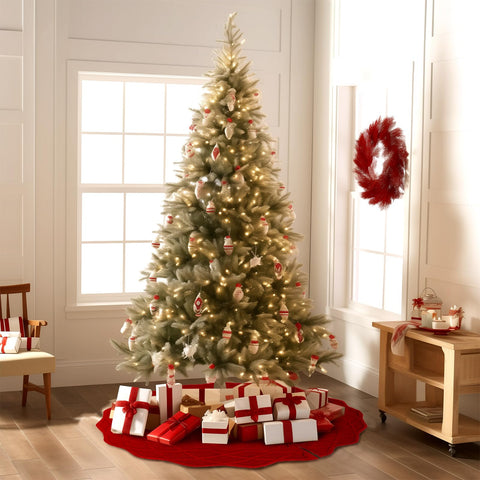WBHome tree skirt under tree with presents demonstrating coverage and decorative base
