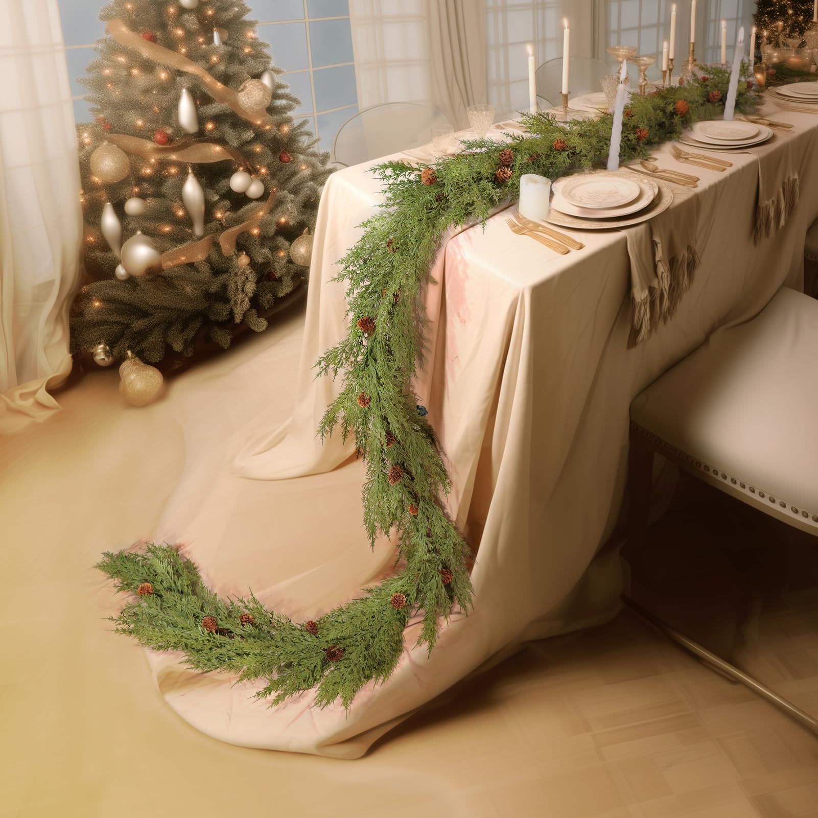 WBHome garland used as table runner creating layered holiday centerpiece