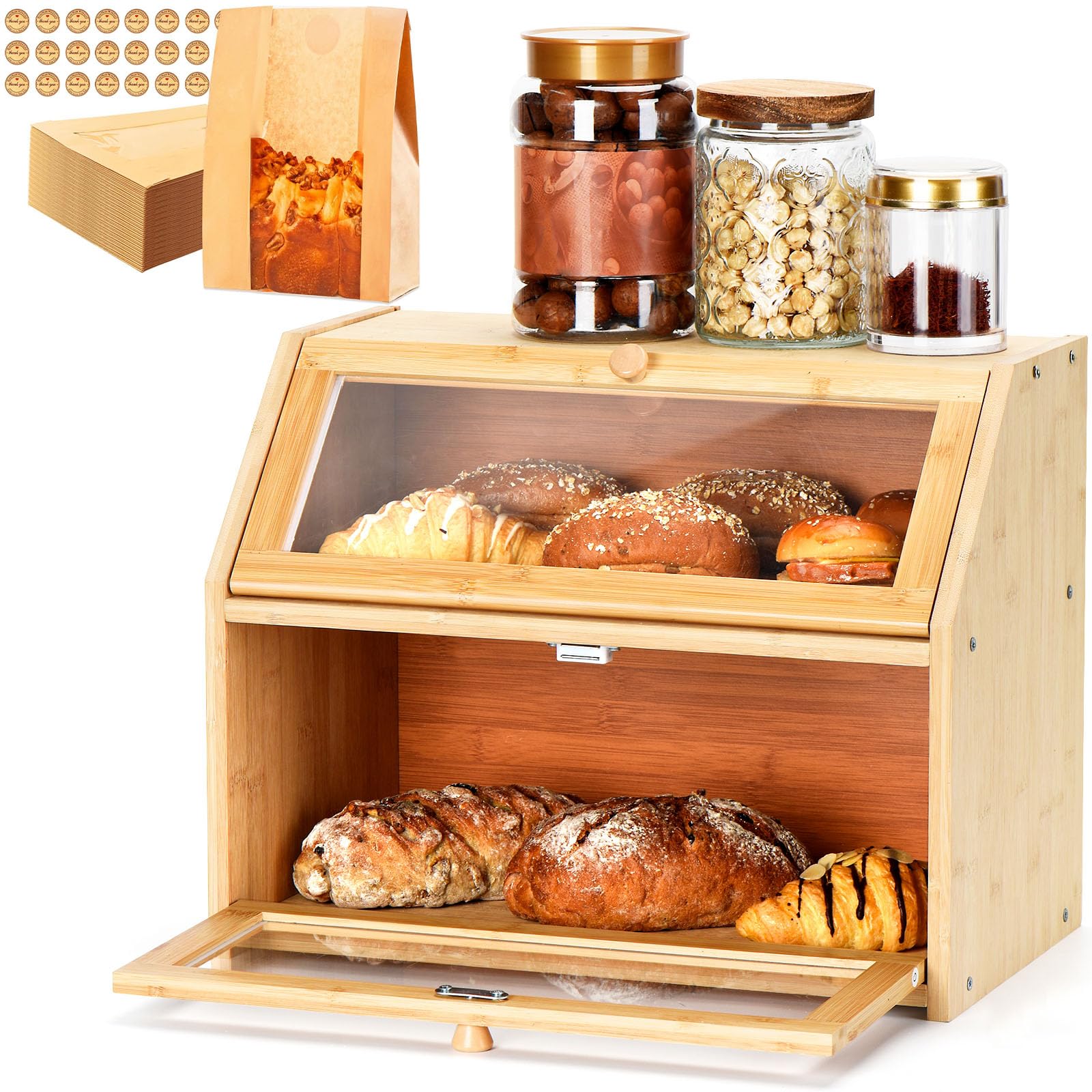 Wcatea bamboo bread box front view showing tidy countertop storage benefit