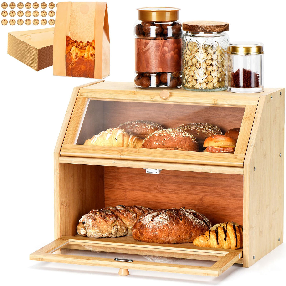 Wcatea bamboo bread box front view showing tidy countertop storage benefit