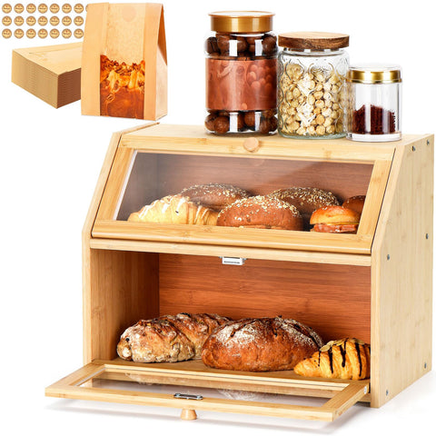 Wcatea bamboo bread box front view showing tidy countertop storage benefit