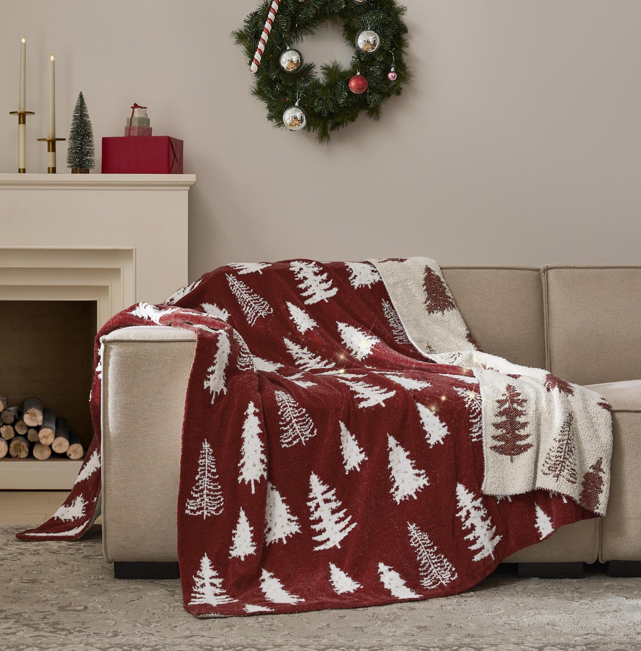 WDCOZY front view draped over couch showing red tree motif and cozy appeal