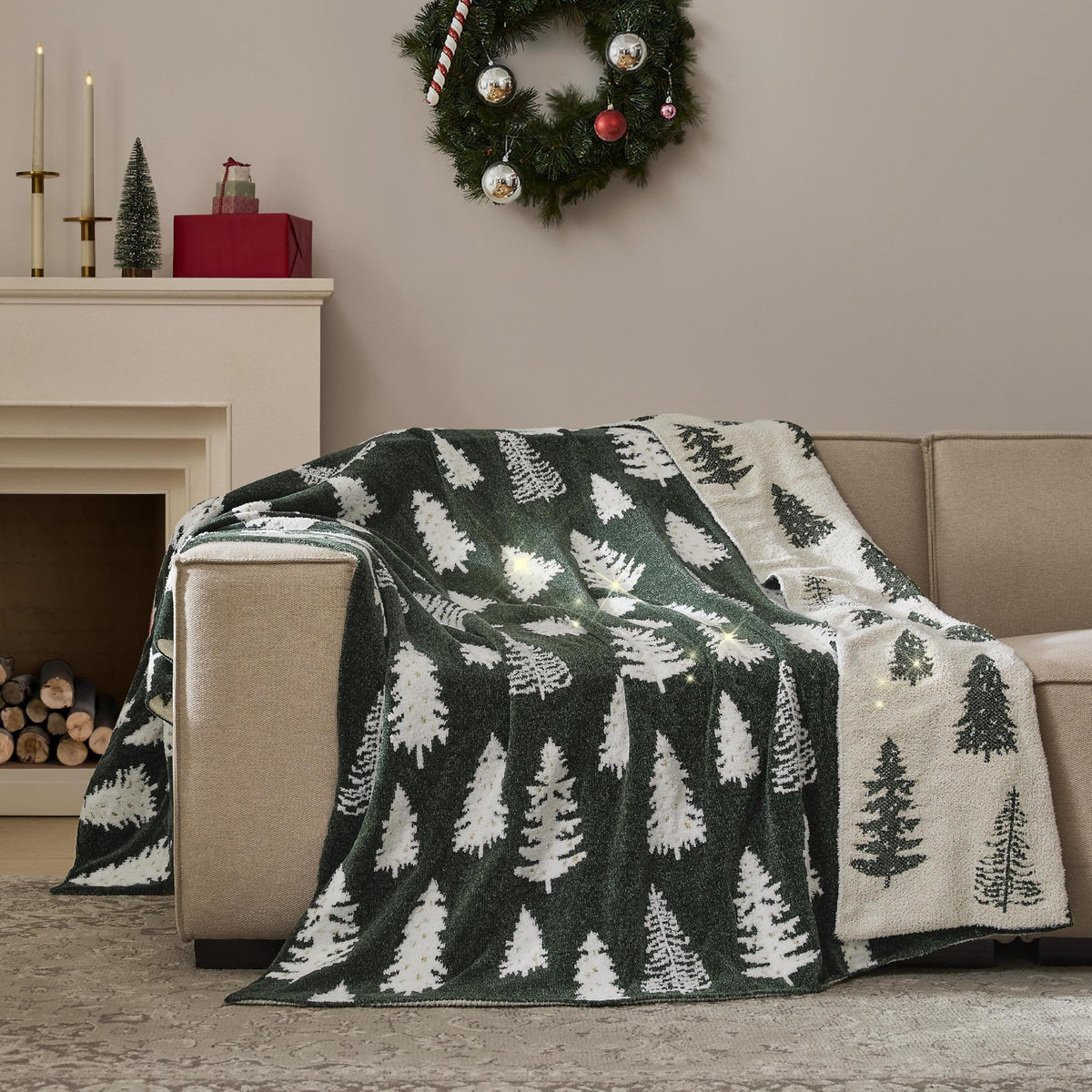WDCOZY front view with green tree motifs adding festive decor benefits