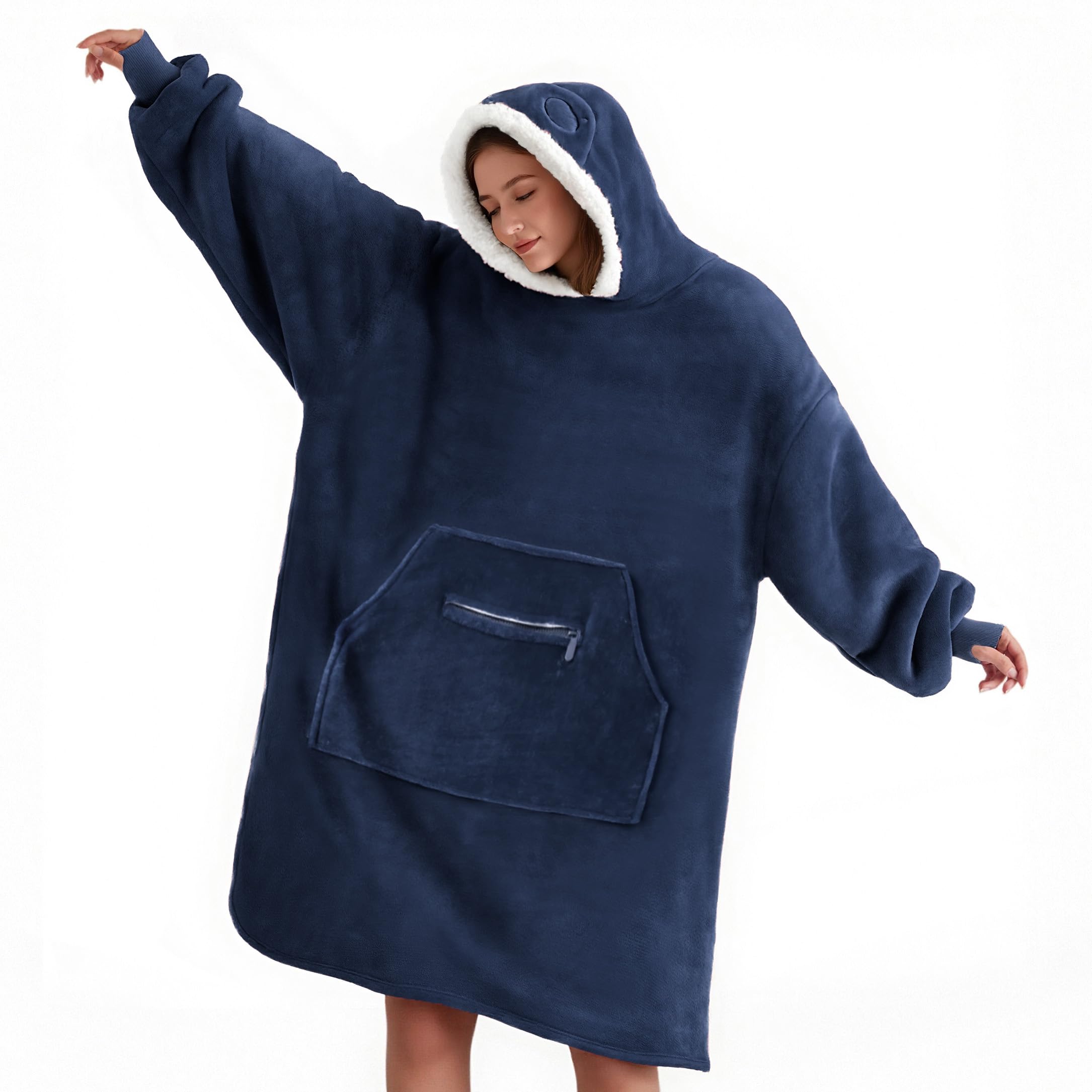 WDCOZY navy front view showing oversized hood and roomy pocket for warmth