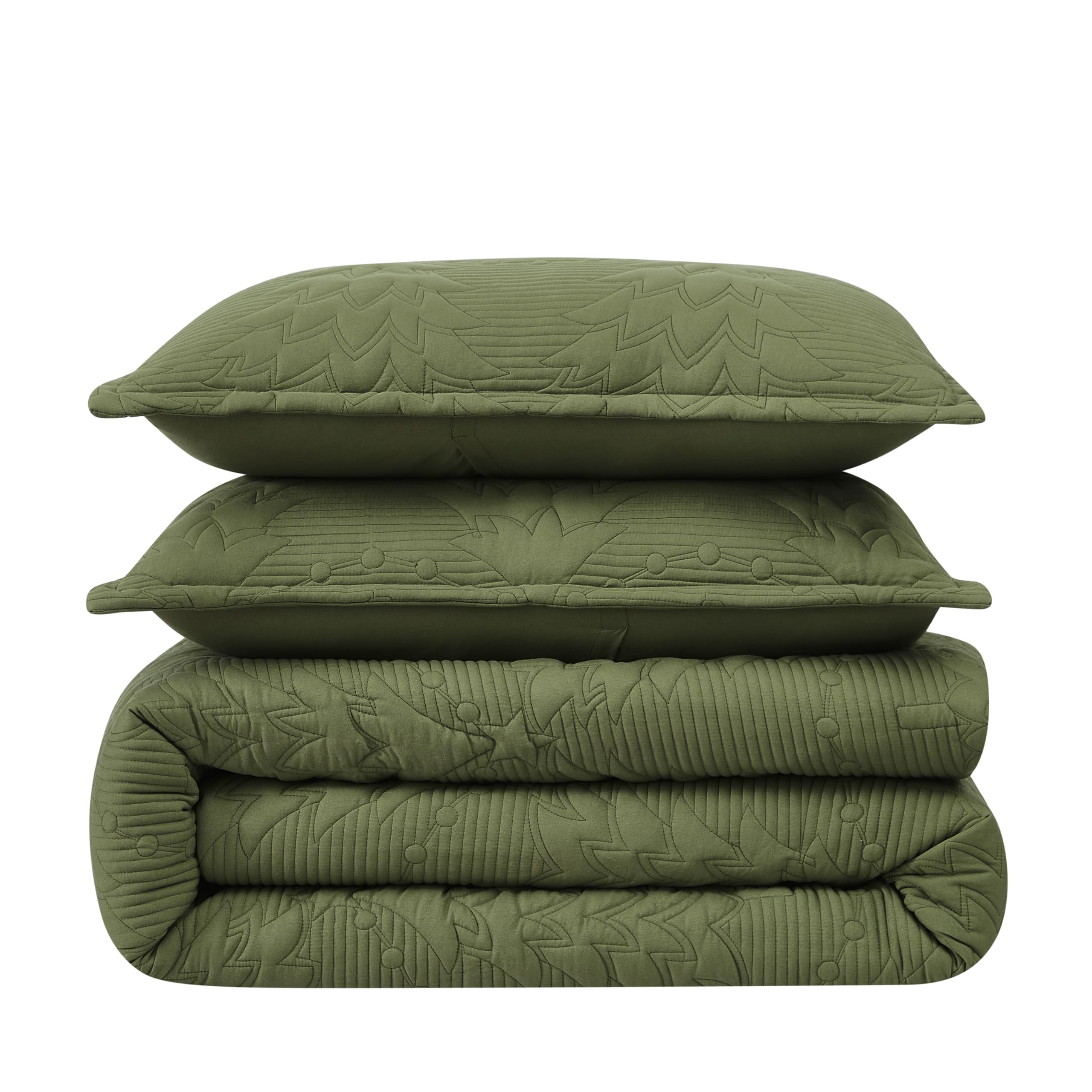 WDCOZY styled bedroom with olive quilt showing calming decor and inviting look