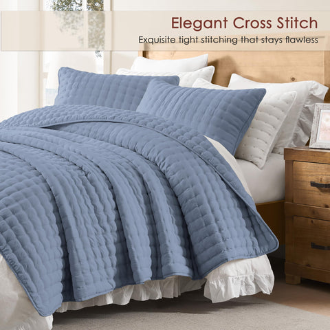 WDCOZY close-up of blue cross-stitching highlighting durable finish