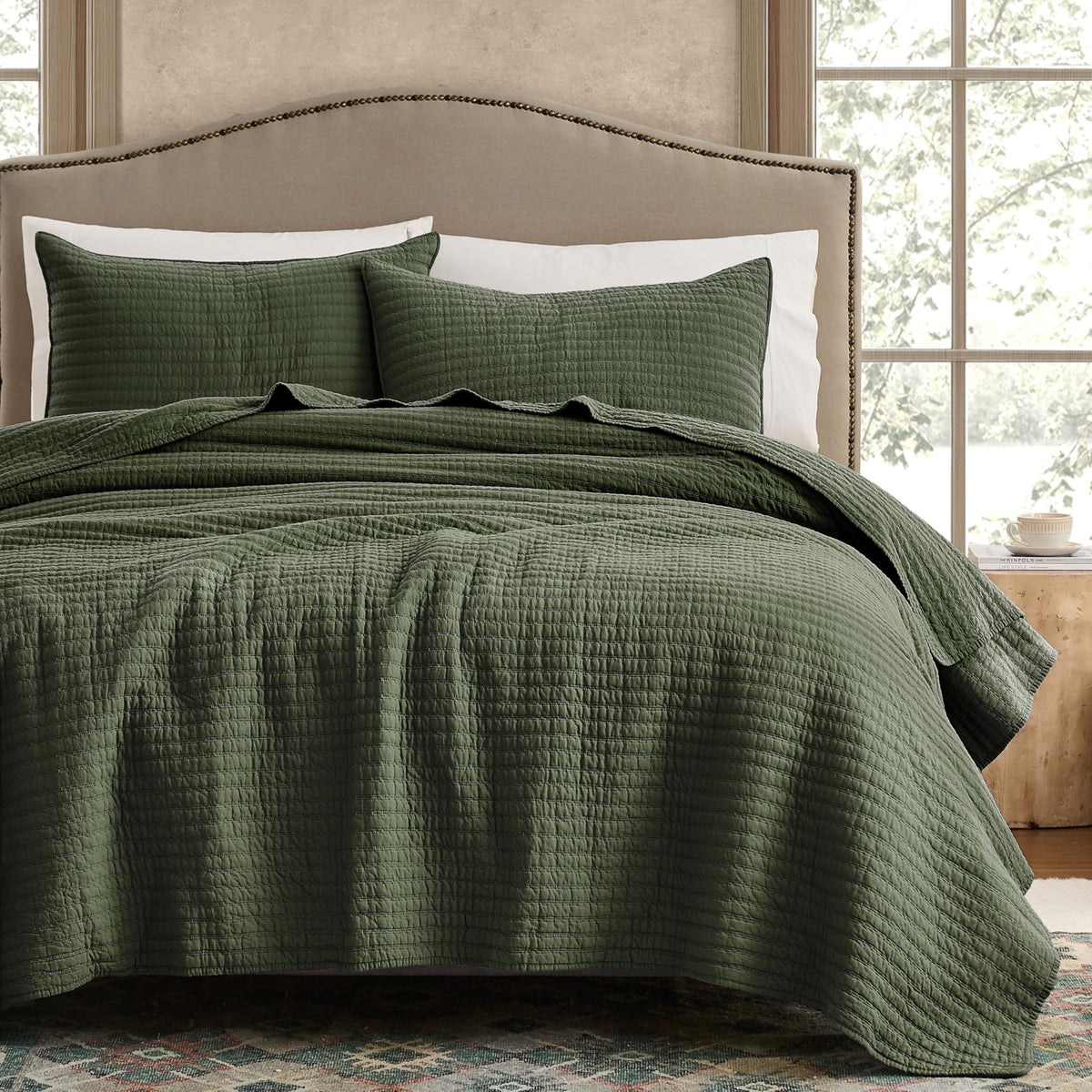 WDCOZY quilt front view showing olive green color and cozy coverage