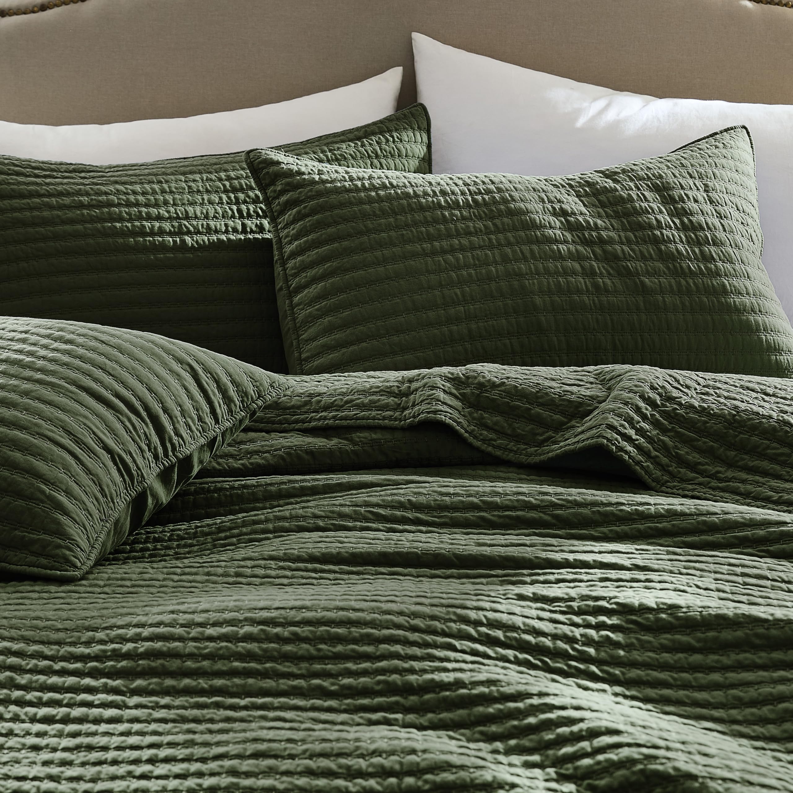 WDCOZY pillow shams front detail showing matching olive green and neat finish