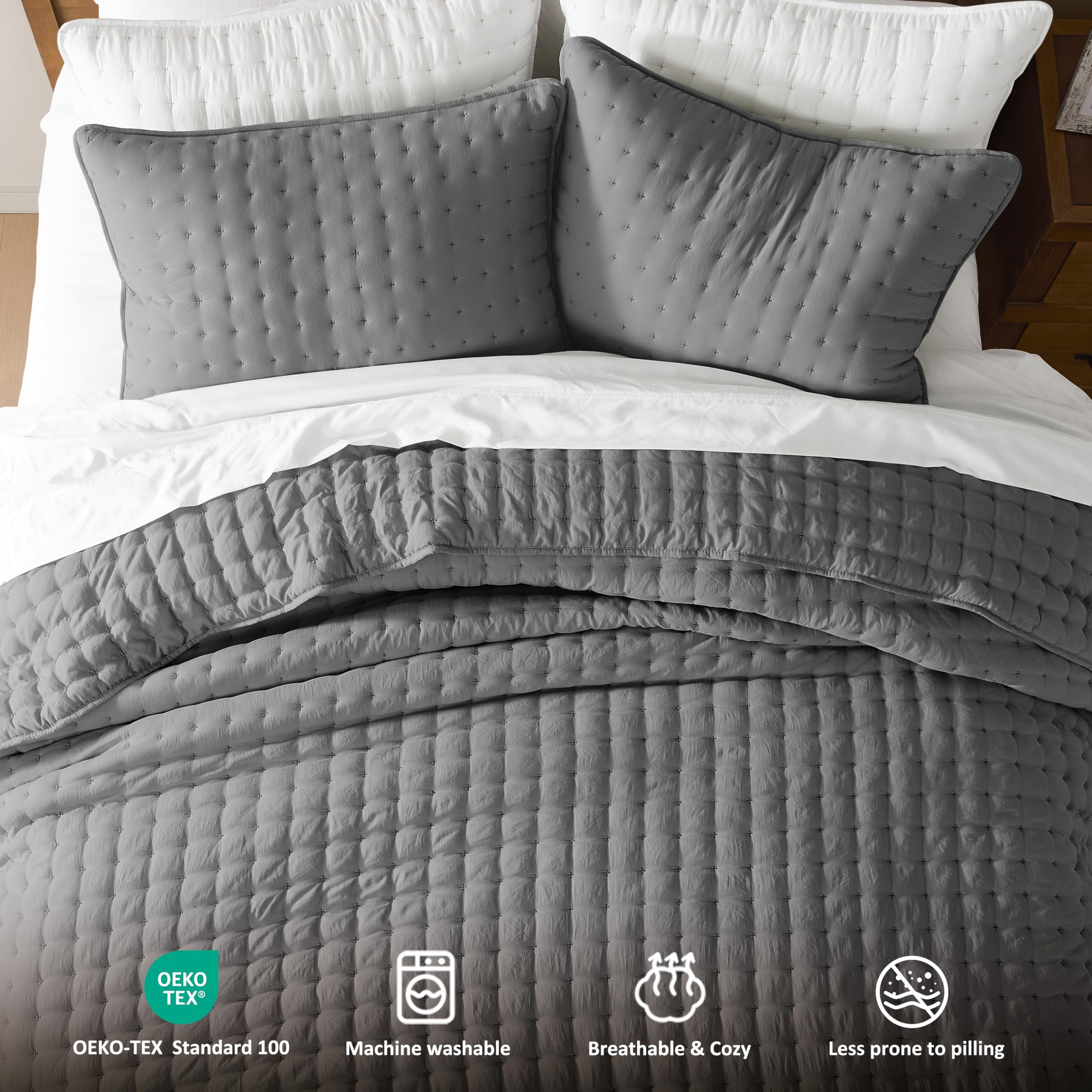 WDCOZY quilt on king mattress showing size coverage and generous drape benefit