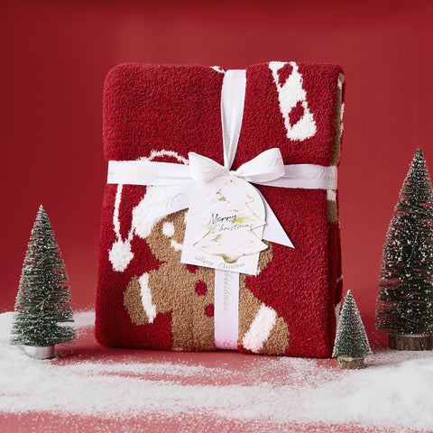 WDCOZY throw draped on sofa creating a warm, festive living room scene