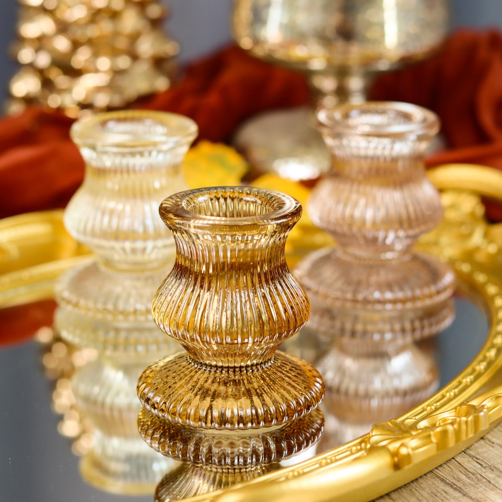 WDHODEC mixed amber orange green set arranged on table, cohesive event styling