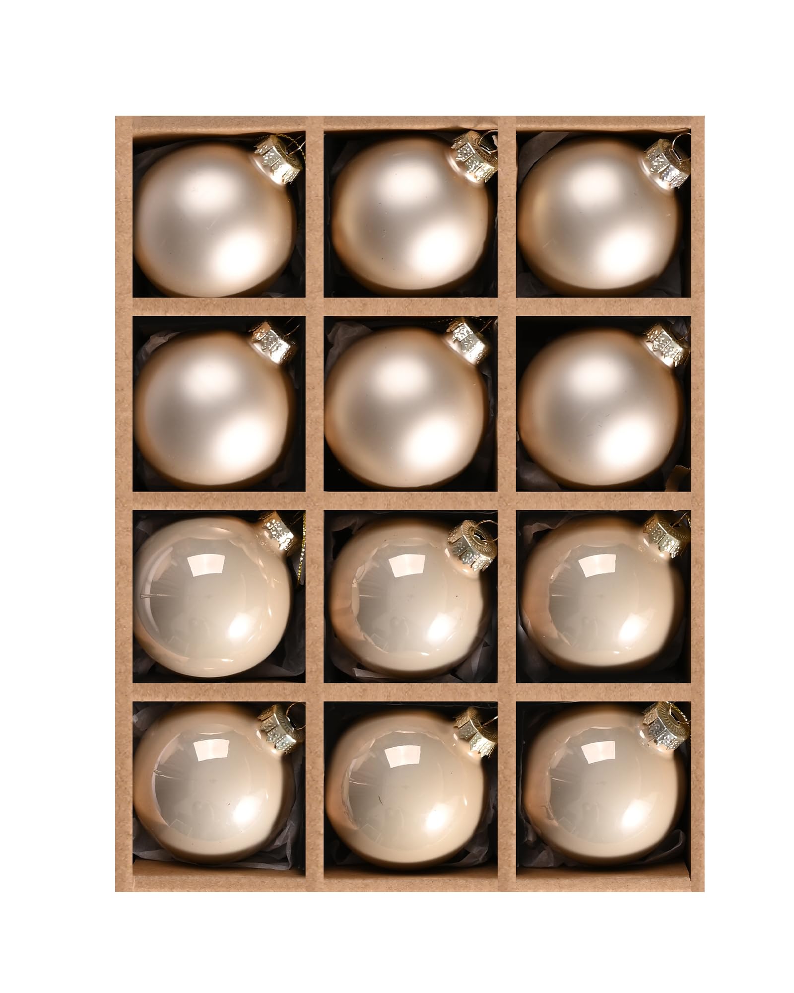 WDS WONDROUS front view of 12 champagne gold glass ornaments, elegant holiday upgrade
