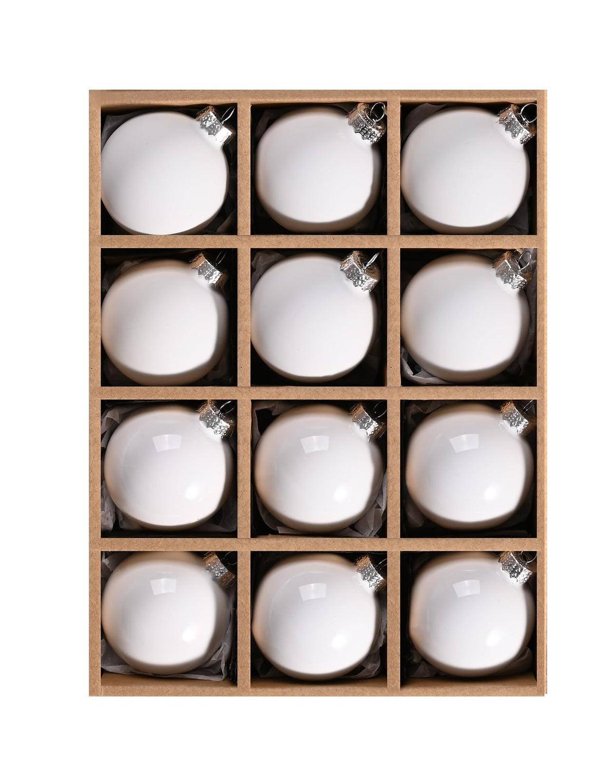 WDS WONDROUS front view of twelve white glass ornaments shows elegant set benefits