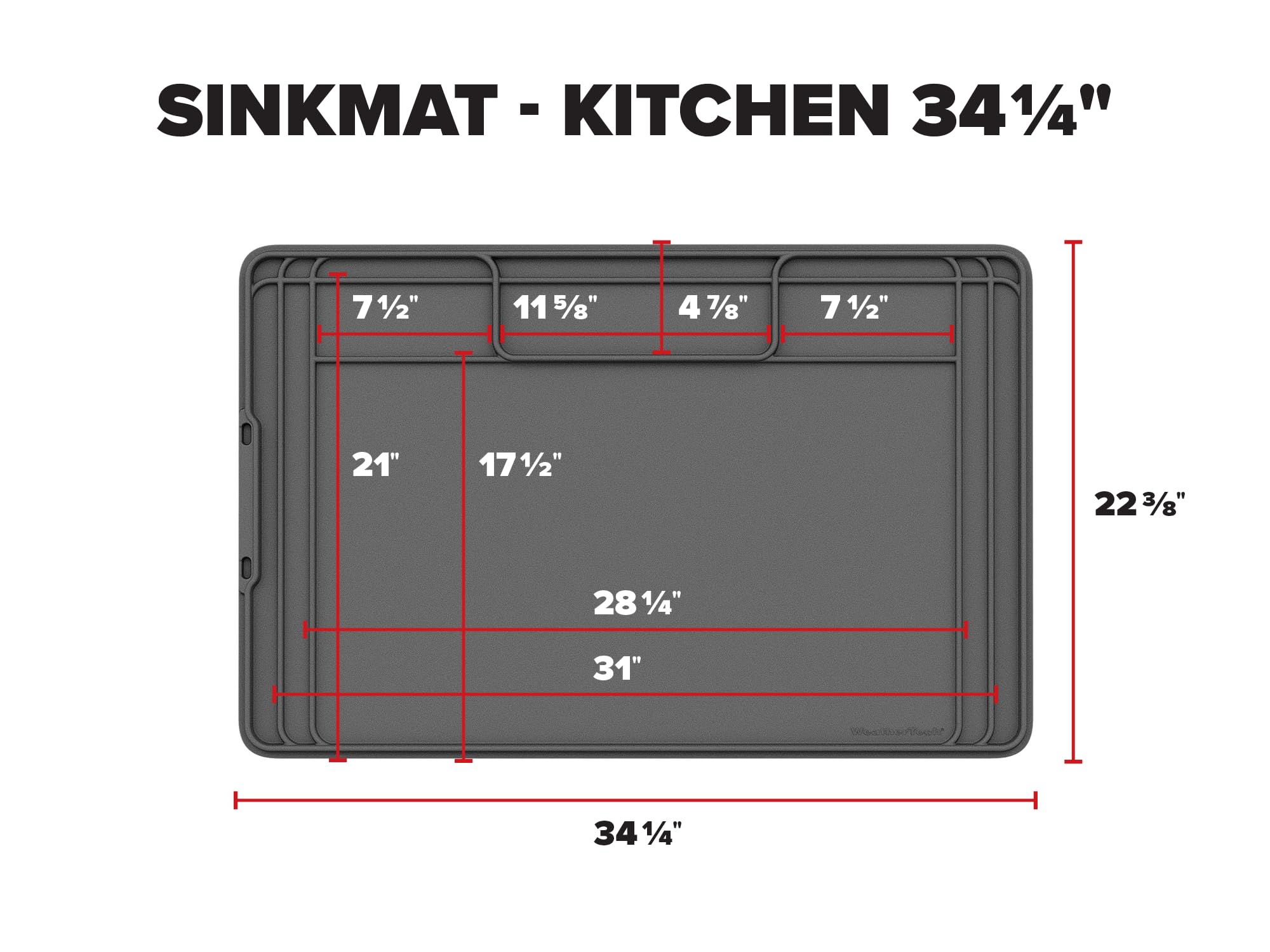 WeatherTech SinkMat next to tape measure showing 34 by 22 inch scale for fit