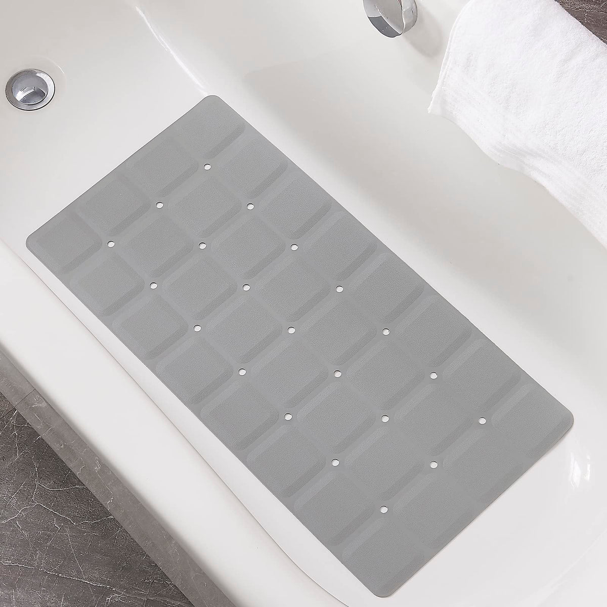 Webos front view of grey foldable silicone bath mat showing size and shape for safe footing