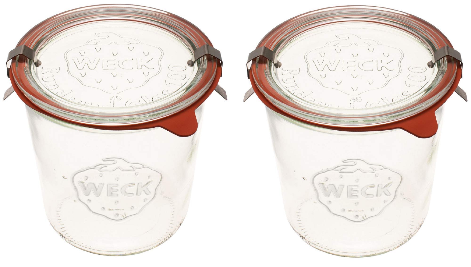 WECK 742 front view showing two jars and contents, clear display and durable glass