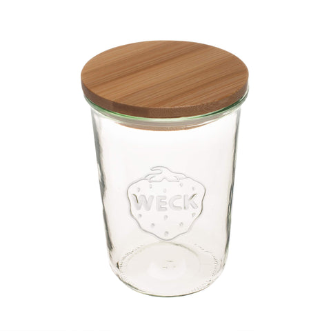 WECK wooden lid closeup on 743-25 jar showing tight seal and natural aesthetic