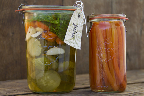 Stacked WECK 743 3/4 jars on shelf for organized, space-saving storage