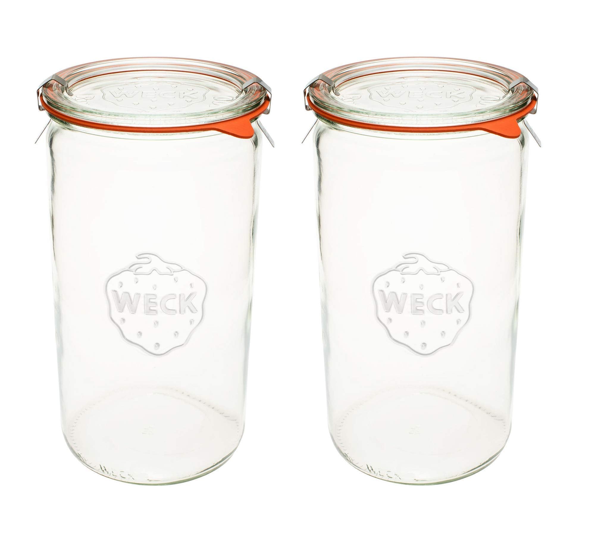 WECK front view of two 1.5L jars showing clear glass and airtight seal benefit