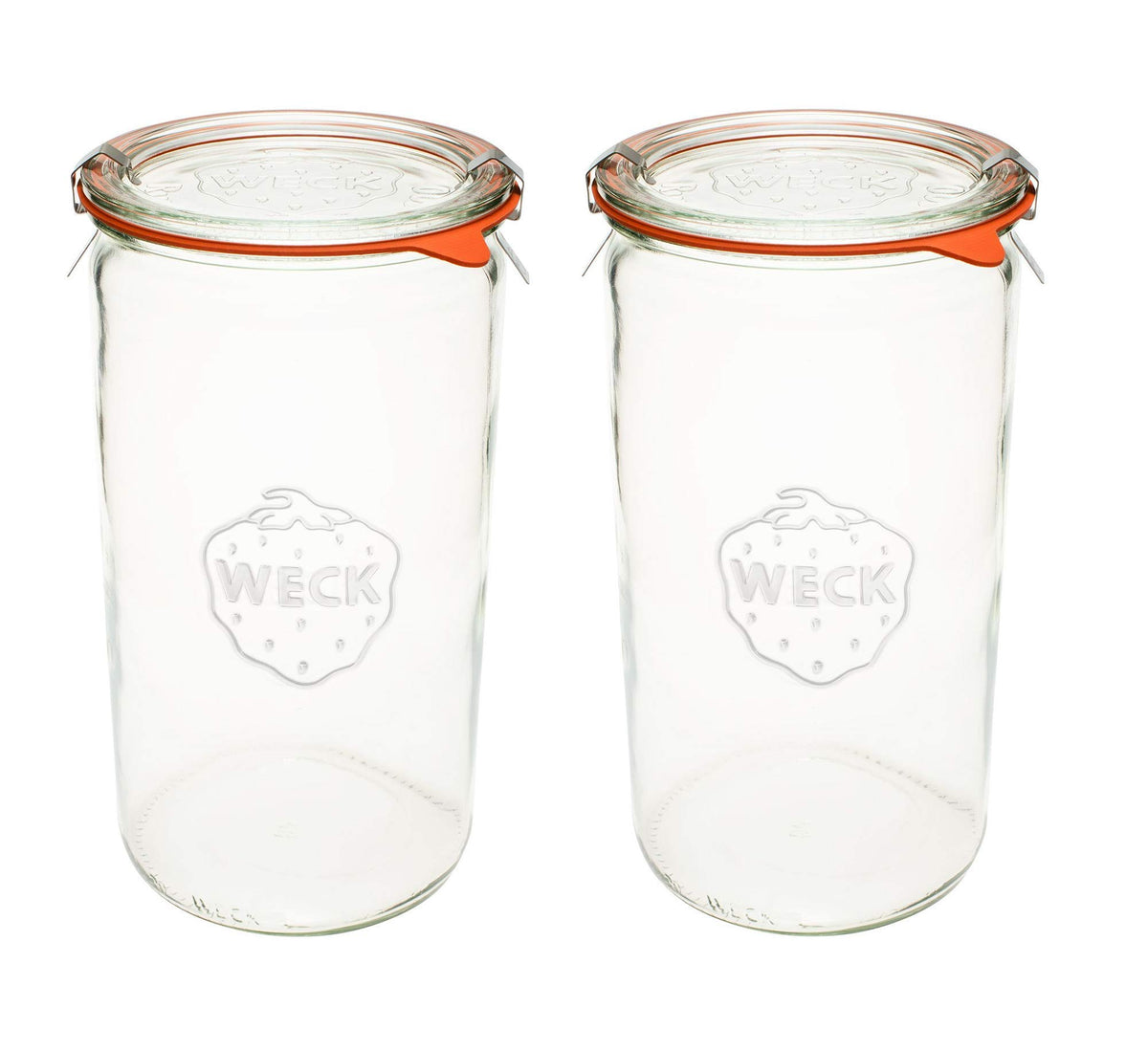 WECK front view of two 1.5L jars showing clear glass and airtight seal benefit