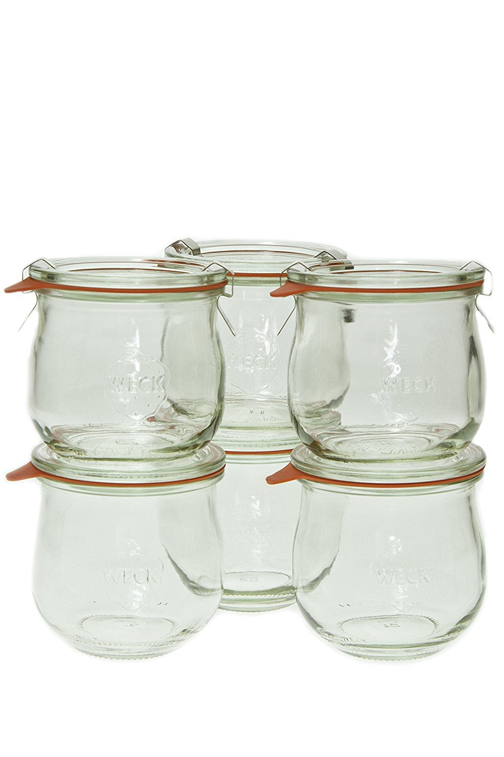 WECK tulip jar front view showing six jars and neat shelf-ready presentation