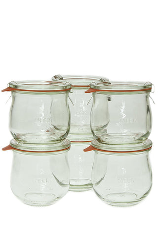WECK tulip jar front view showing six jars and neat shelf-ready presentation