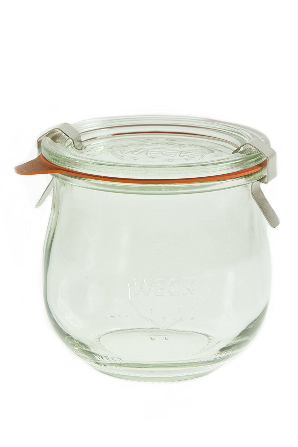 WECK tulip jar close-up of glass lid gasket and clamp indicating secure seal benefit