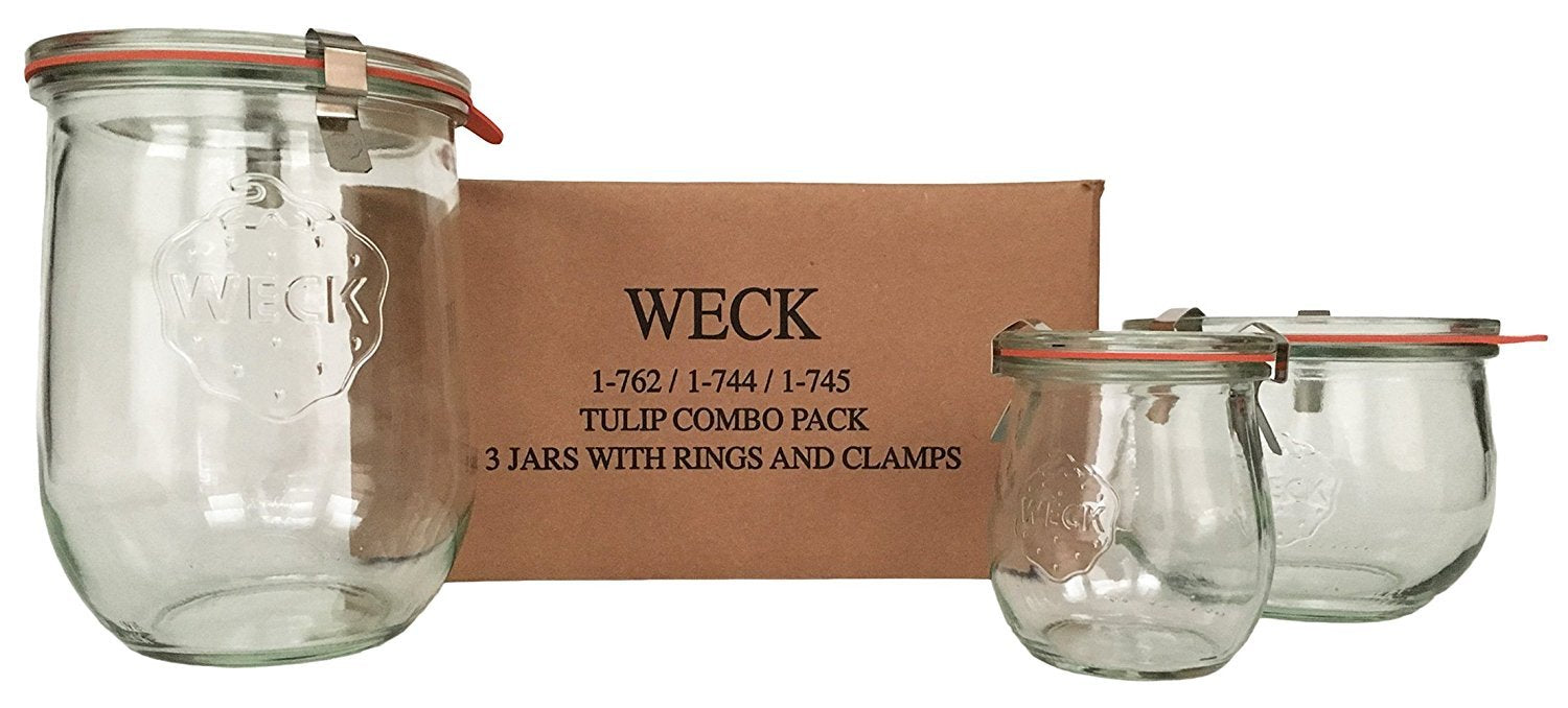 WECK tulip jars front view showing three sizes and included clamps for organized storage benefit