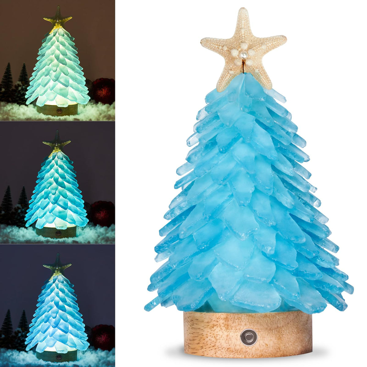 WeDoSoy front view of blue sea glass tree showing coastal silhouette and glow