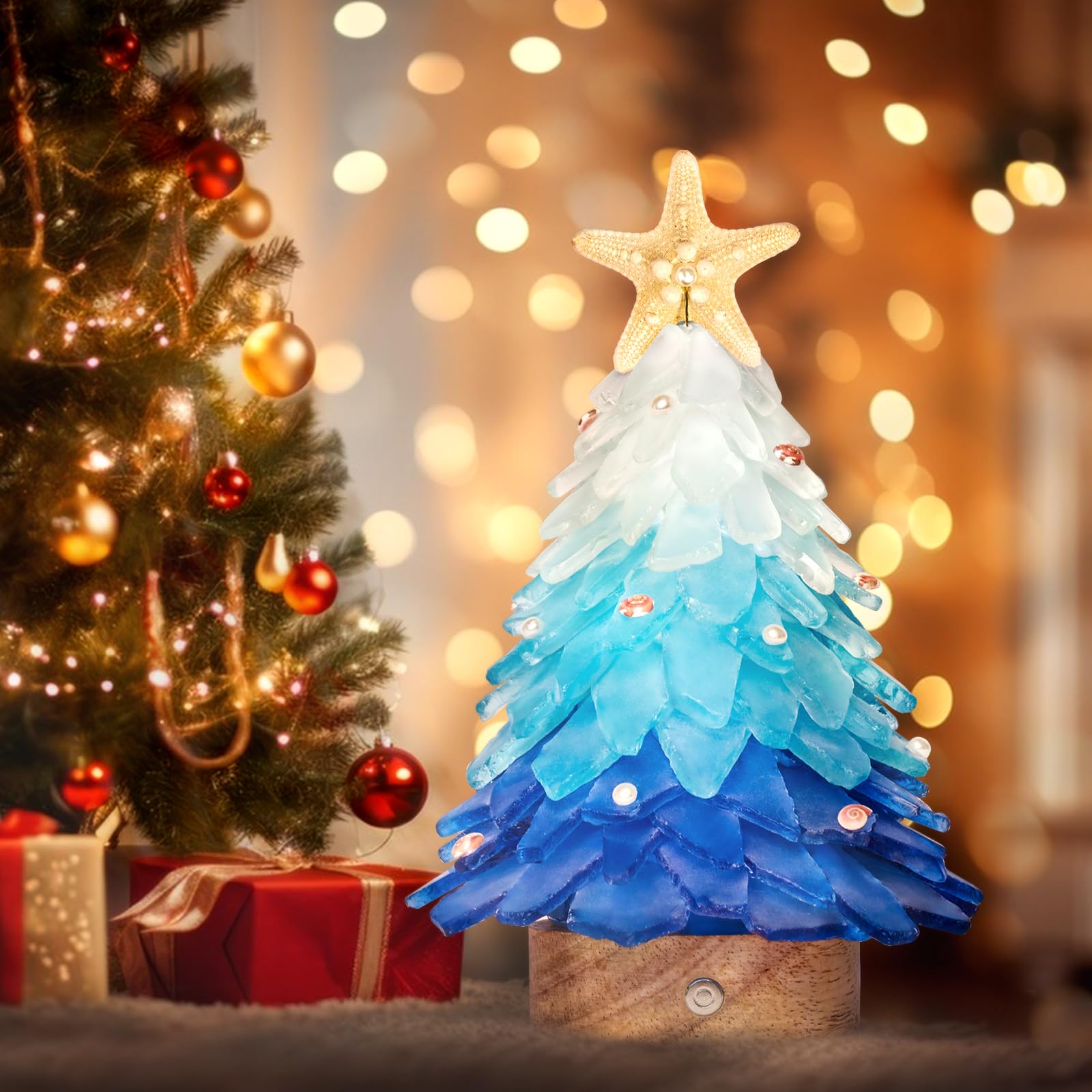 WeDoSoy tree styled on coastal mantel adding serene holiday or year-round charm