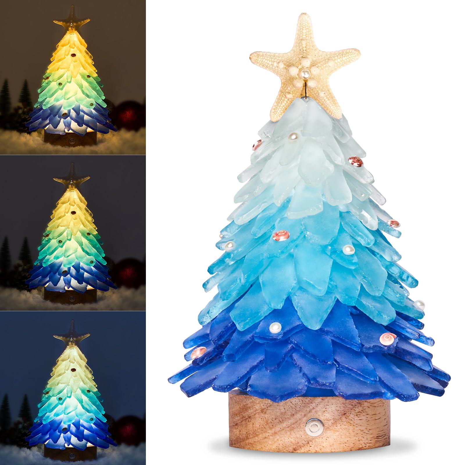 WeDoSoy front view of sea glass tree showing coastal blue gradient and handcrafted detail