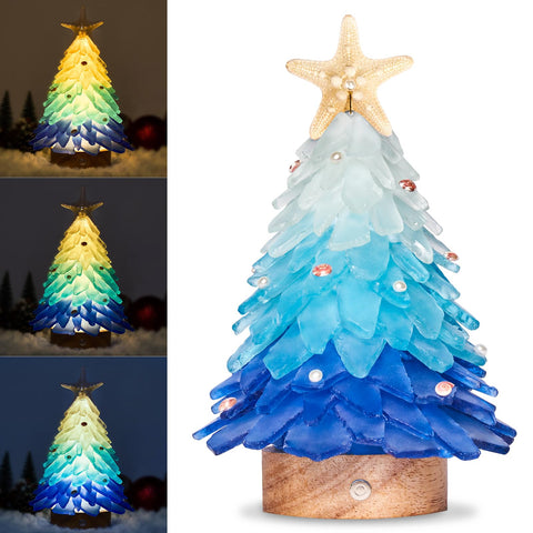 WeDoSoy front view of sea glass tree showing coastal blue gradient and handcrafted detail