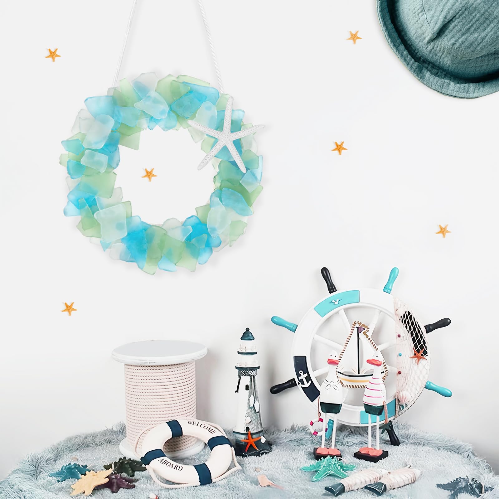 WeDoSoy sea glass wreath close-up texture highlighting handcrafted detail