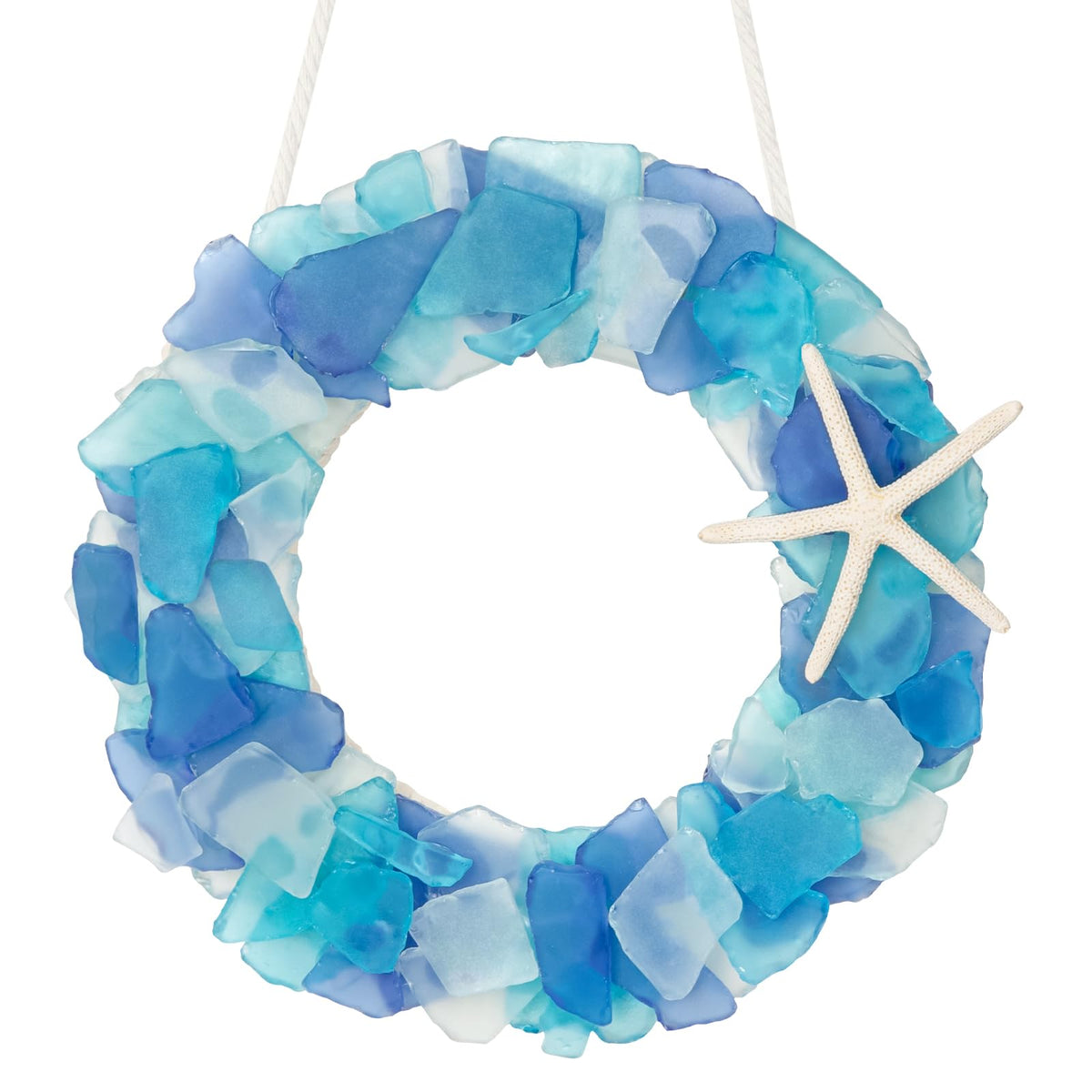 WeDoSoy front view sea glass wreath shows coastal blues and welcoming look
