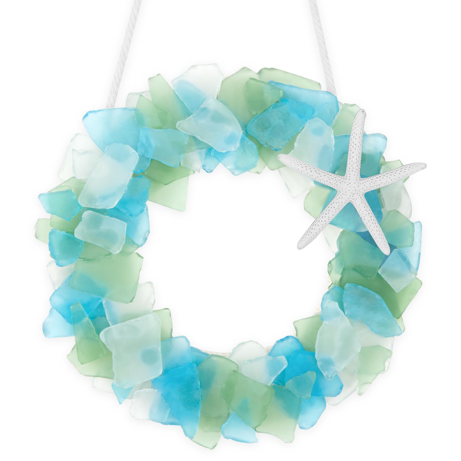 WeDoSoy sea glass wreath front view showing coastal charm and easy styling