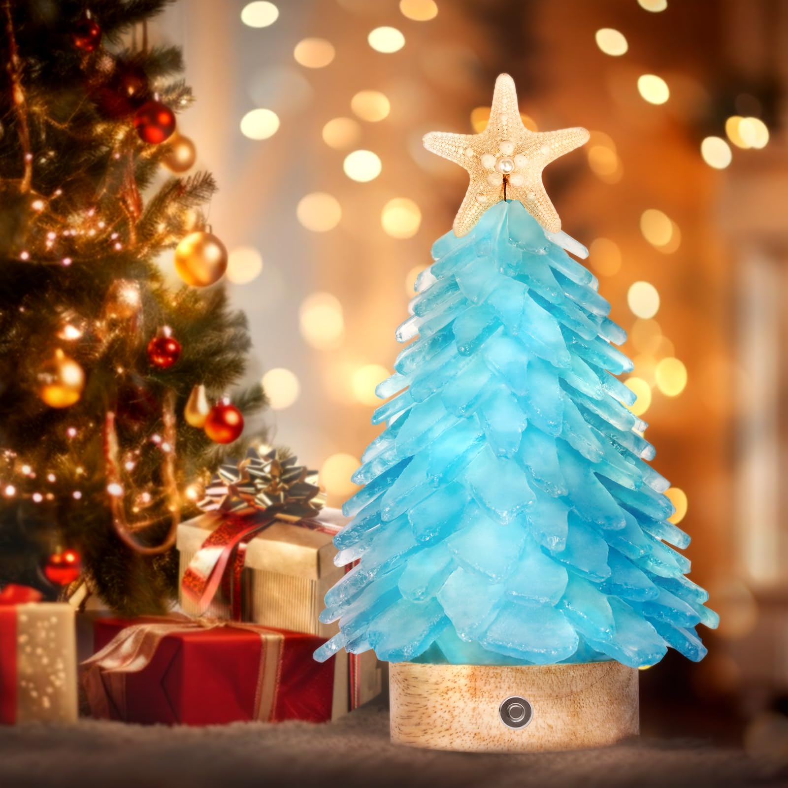 WeDoSoy tree on mantel in living room adding coastal charm and soft illumination