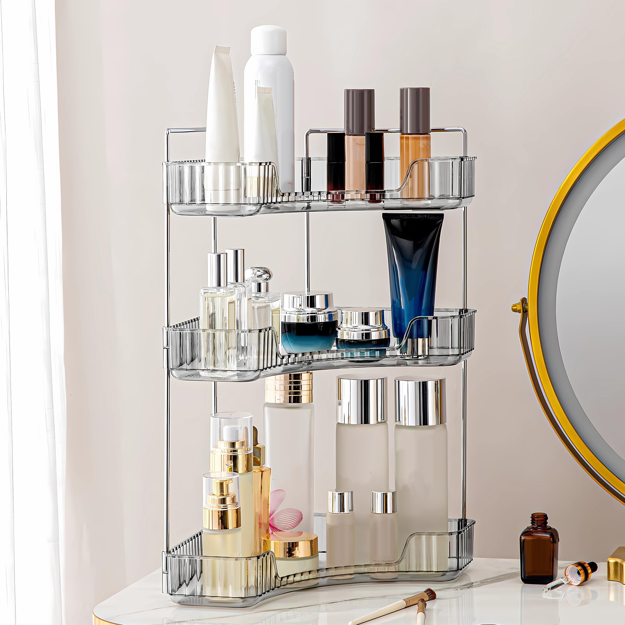 Weidace front view of grey 3-tier corner organizer showing compact footprint and storage