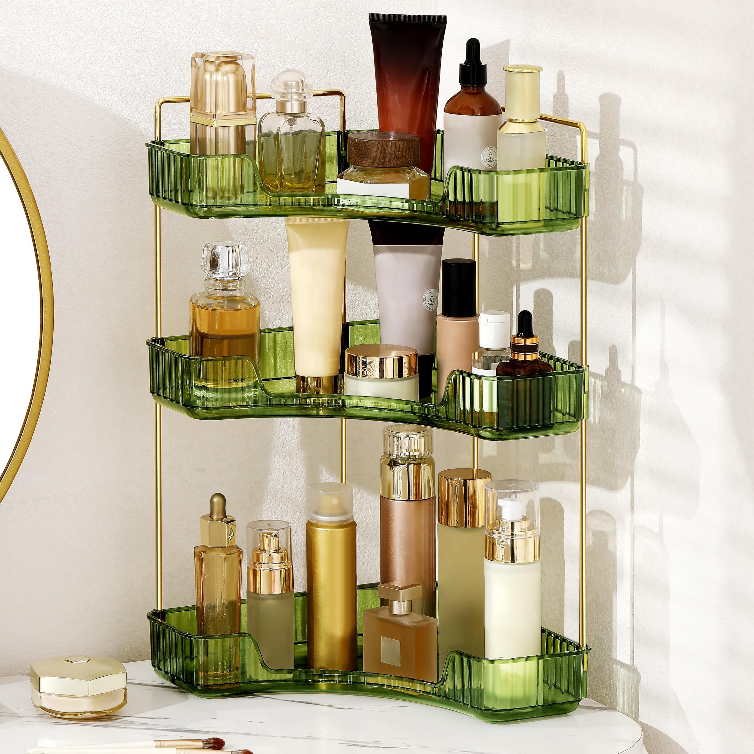 Weidace front view showing three-tier green corner organizer saving counter space
