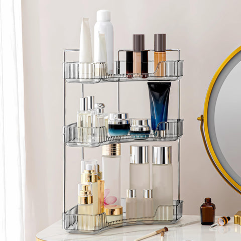 Weidace front view of grey 3-tier corner organizer showing compact footprint and storage