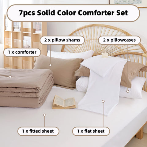 Weigelia taupe comforter spread on made queen bed illustrating calming bedroom aesthetic and ready use