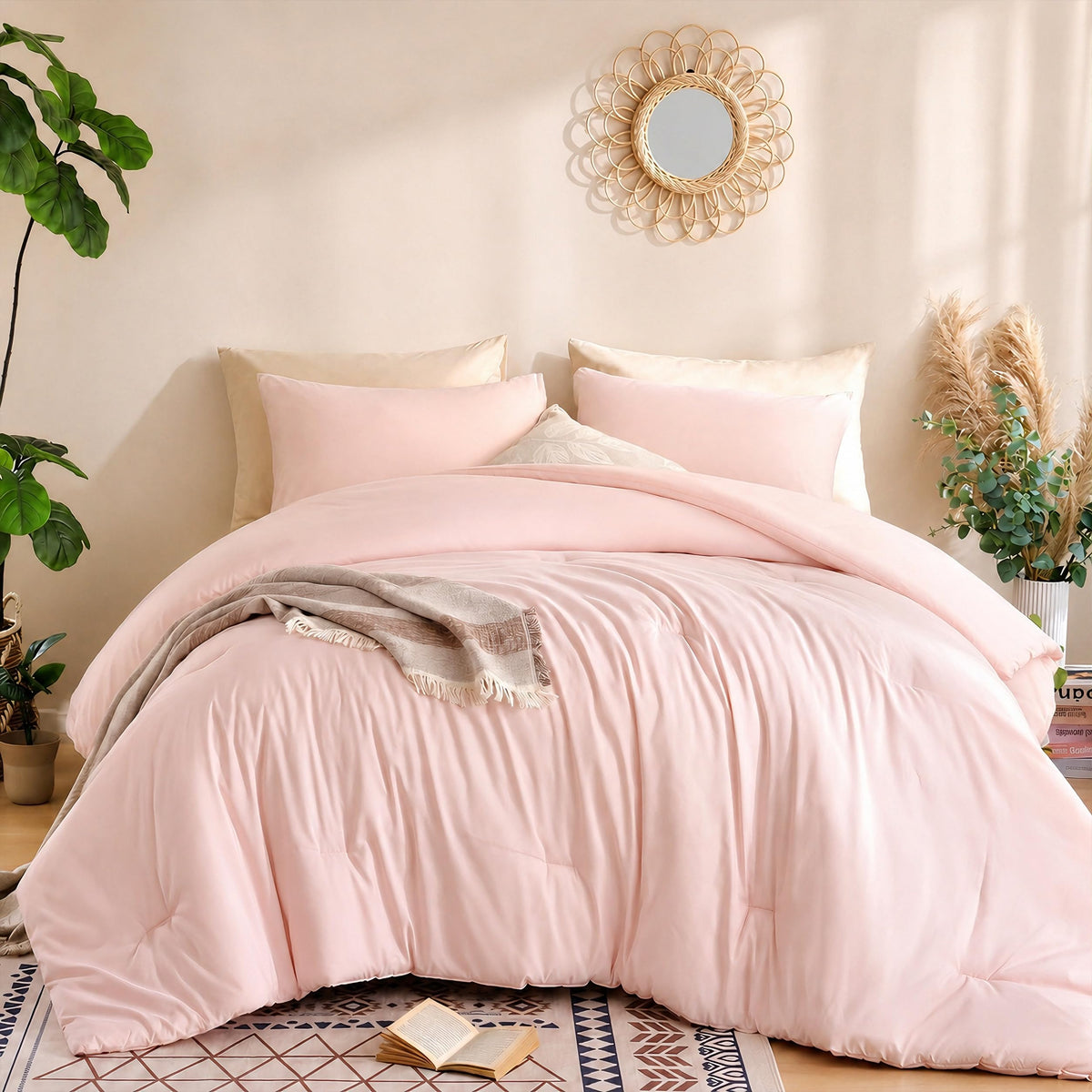 weigelia front view of pink comforter on queen bed showing soft look and color