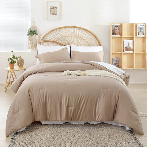 Weigelia front view of taupe comforter set showing coordinated pieces and neat packaging for convenience