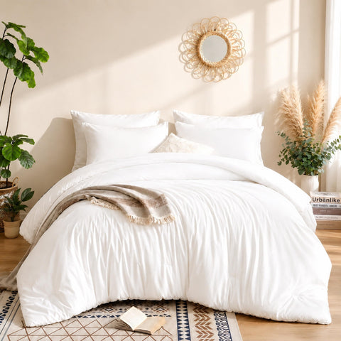 weigelia full-size comforter front view showing crisp white finish and neat drape for a polished bed
