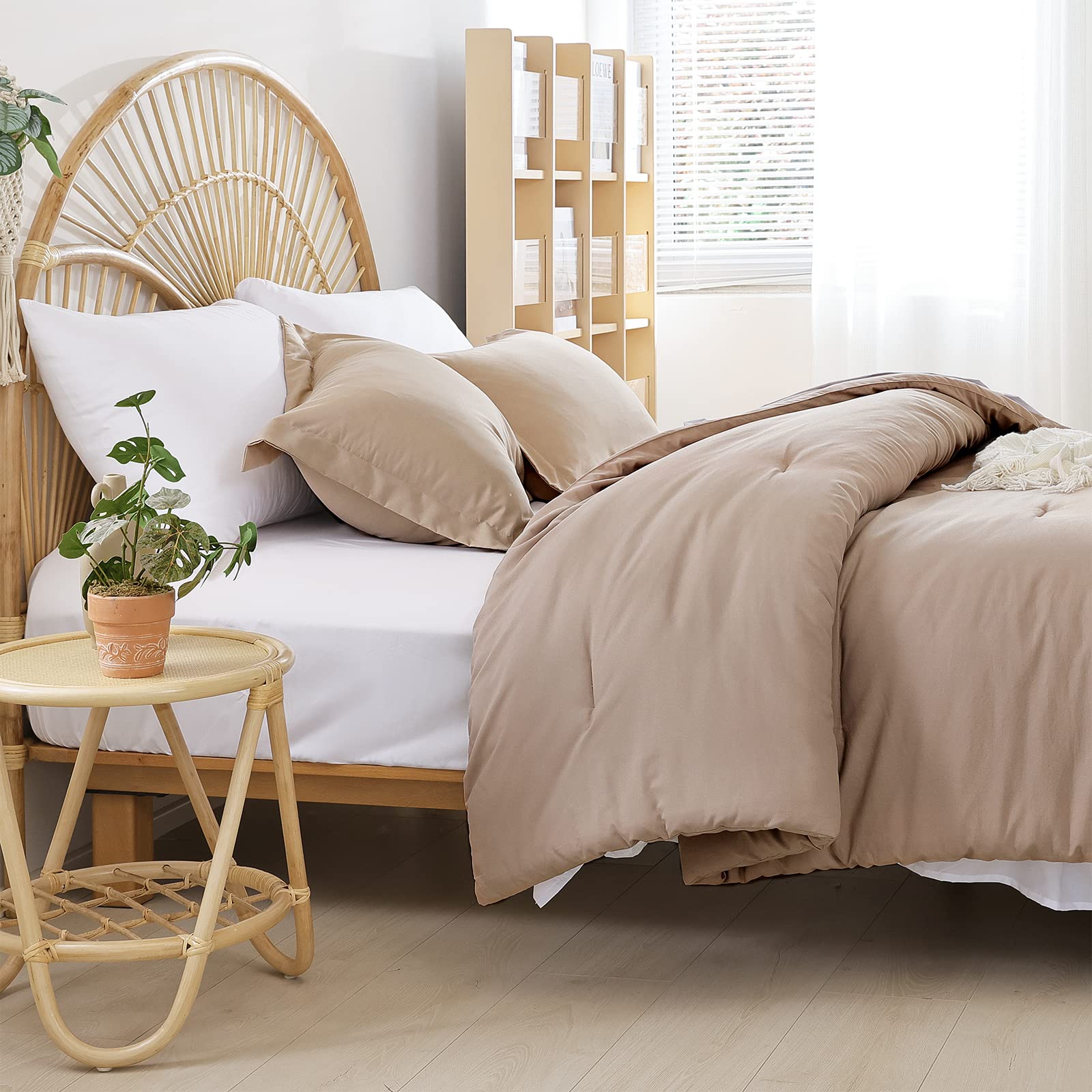Weigelia lifestyle scene with cozy layered bedding showcasing versatile taupe color complementing decor