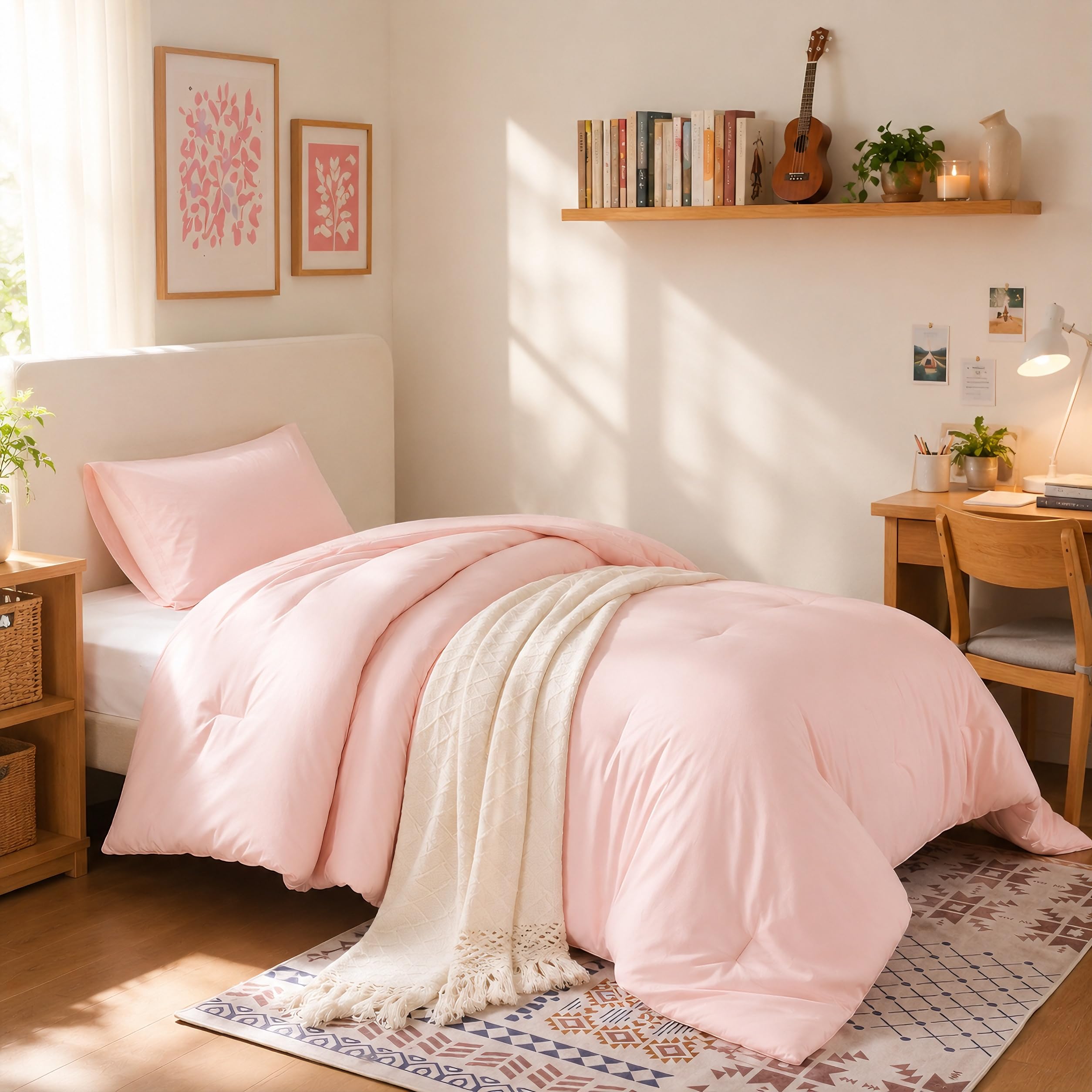 Weigelia front view of pink comforter on twin bed, shows inviting color and fit