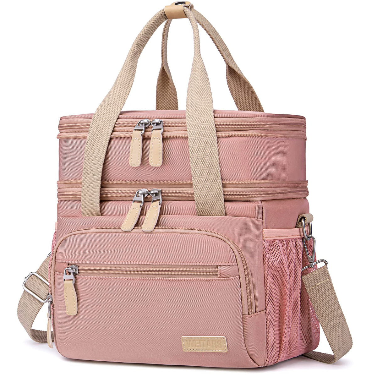 Weitars front view of pink lunch bag showing organized compartments and style benefit