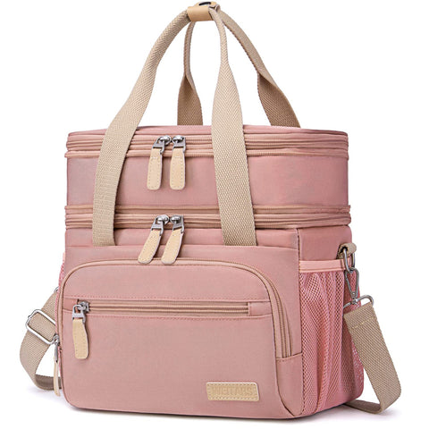 Weitars front view of pink lunch bag showing organized compartments and style benefit